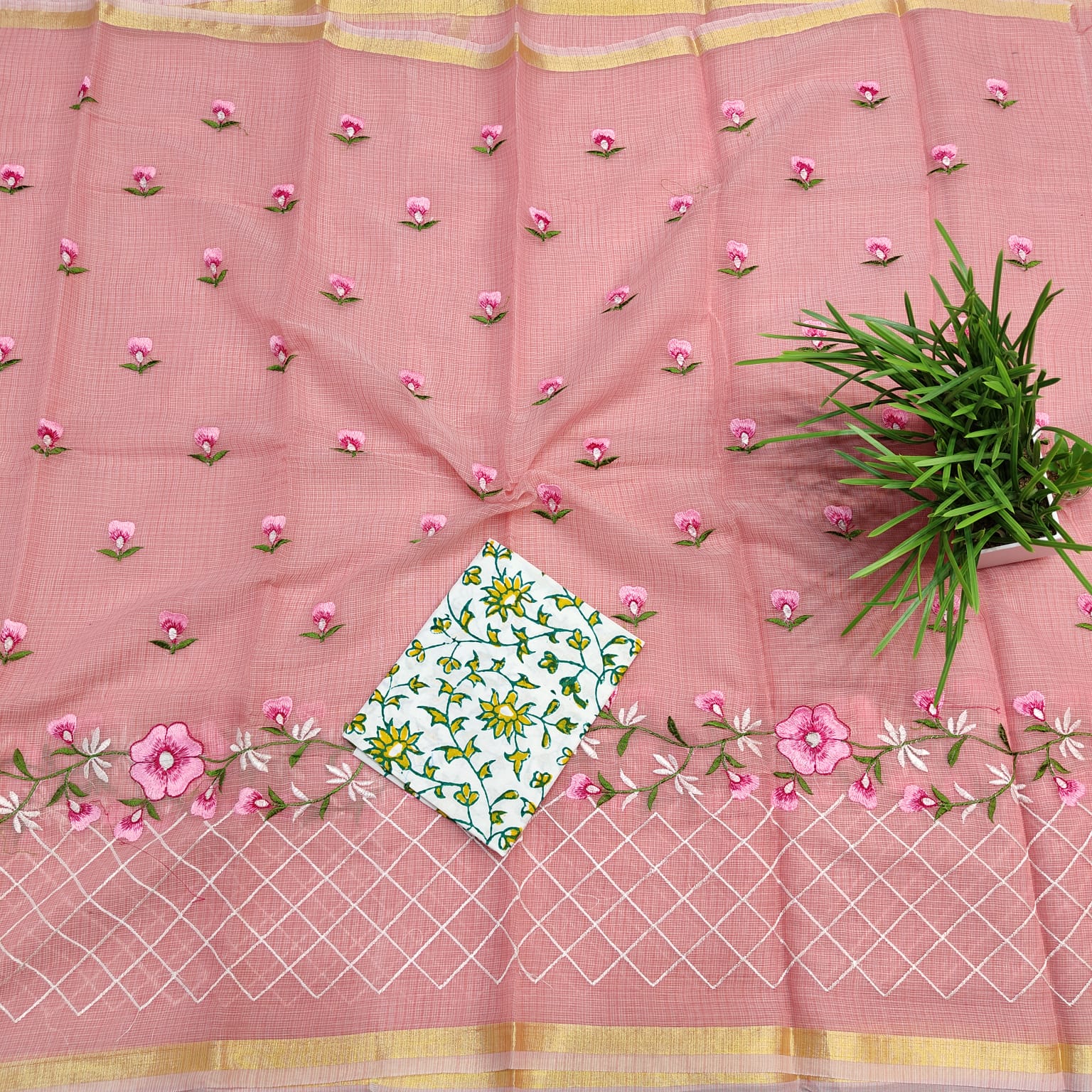SC0015 Kota Doria Embroidery Saree, crafted with computerized embroidery for precise and intricate designs