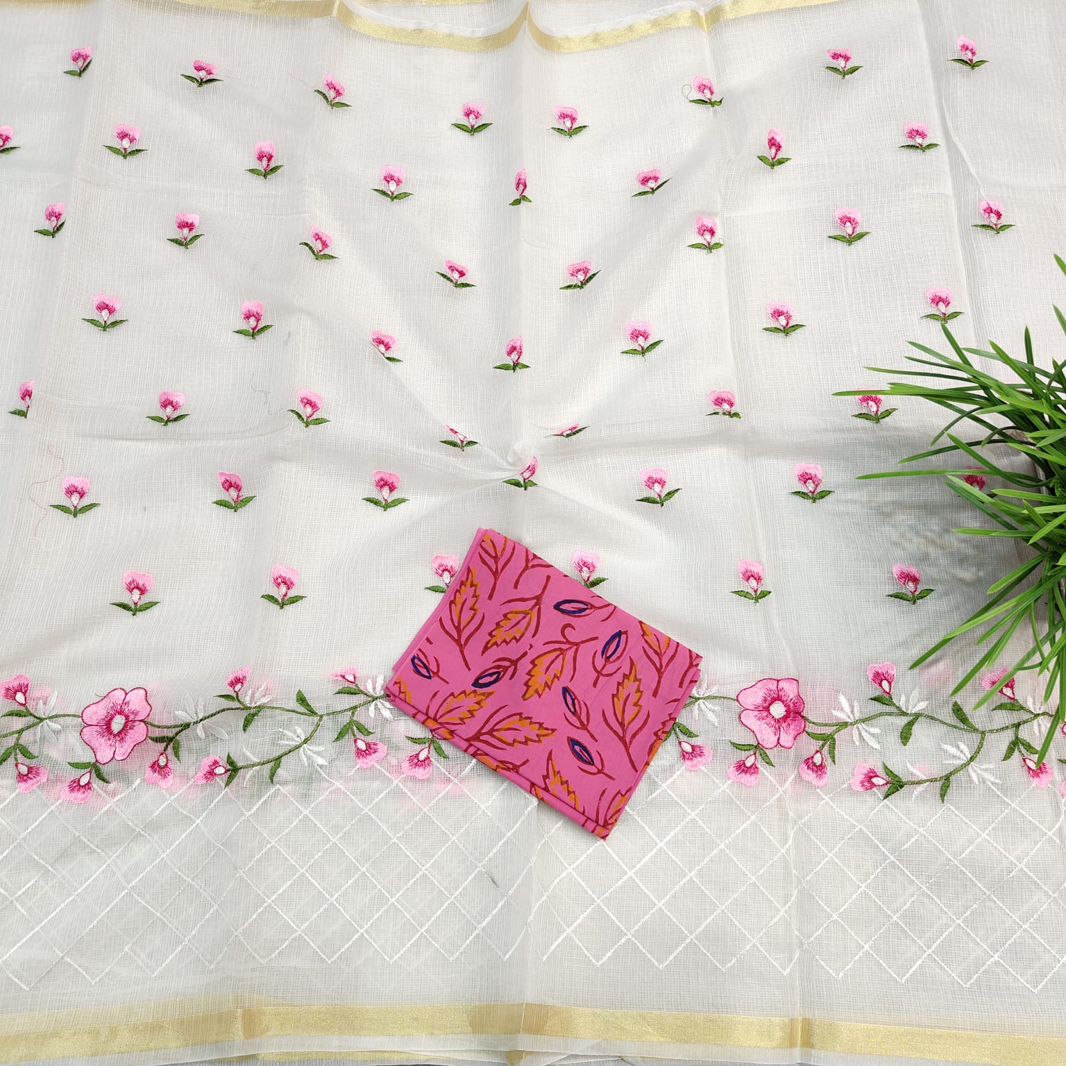 SC0015 Kota Doria Embroidery Saree, crafted with computerized embroidery for precise and intricate designs