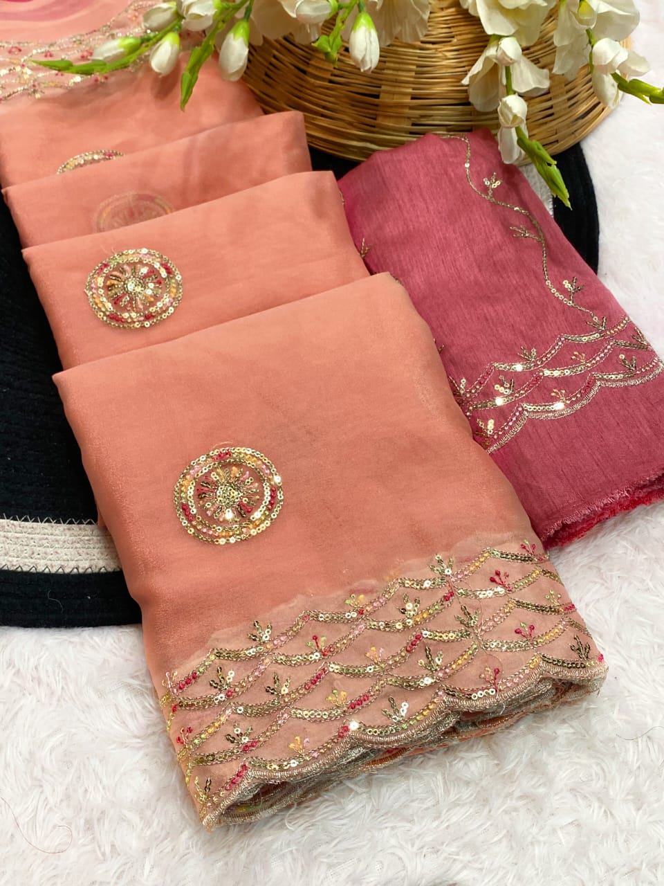PRD00124 RICH AND ELEGENT PREMIUM GEORGETTE SARI WITH SEQUINS WORK ON BORDER