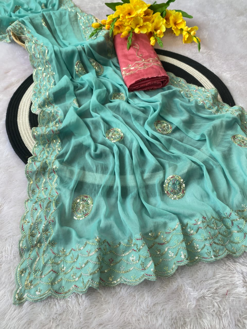 PRD00124 RICH AND ELEGENT PREMIUM GEORGETTE SARI WITH SEQUINS WORK ON BORDER