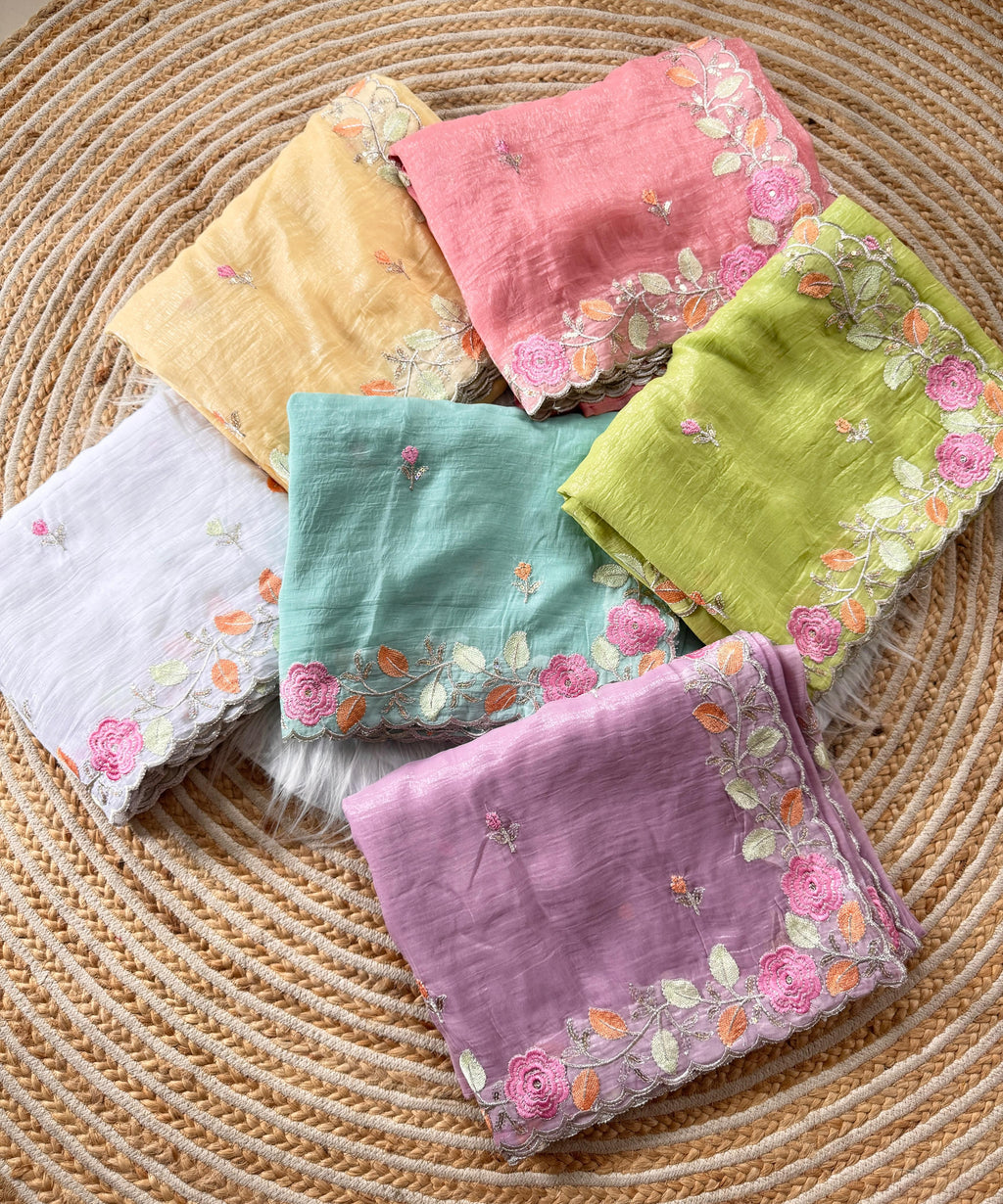 PRD00131 Experience elegance with our pastel floral embroidered Crunchy chiffon sarees