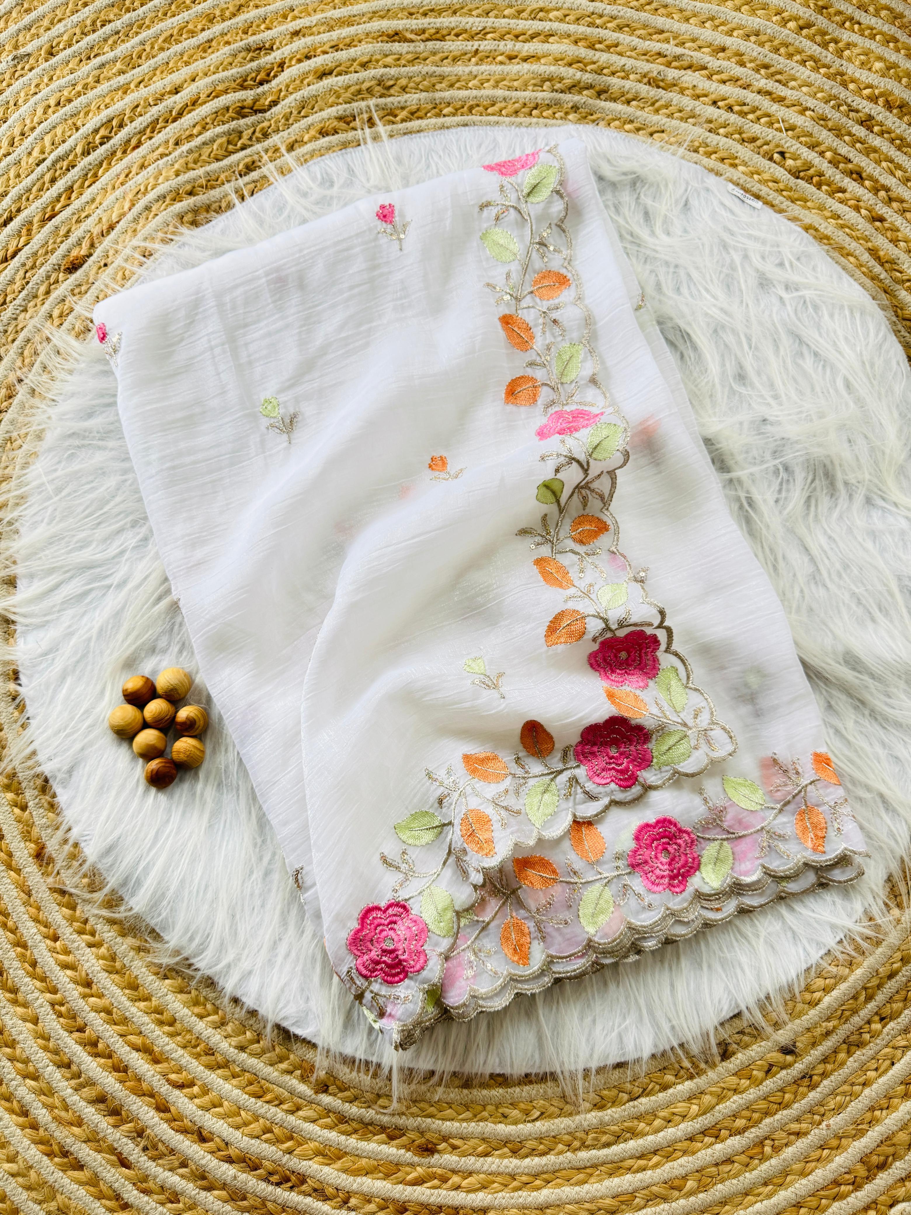 PRD00131 Experience elegance with our pastel floral embroidered Crunchy chiffon sarees
