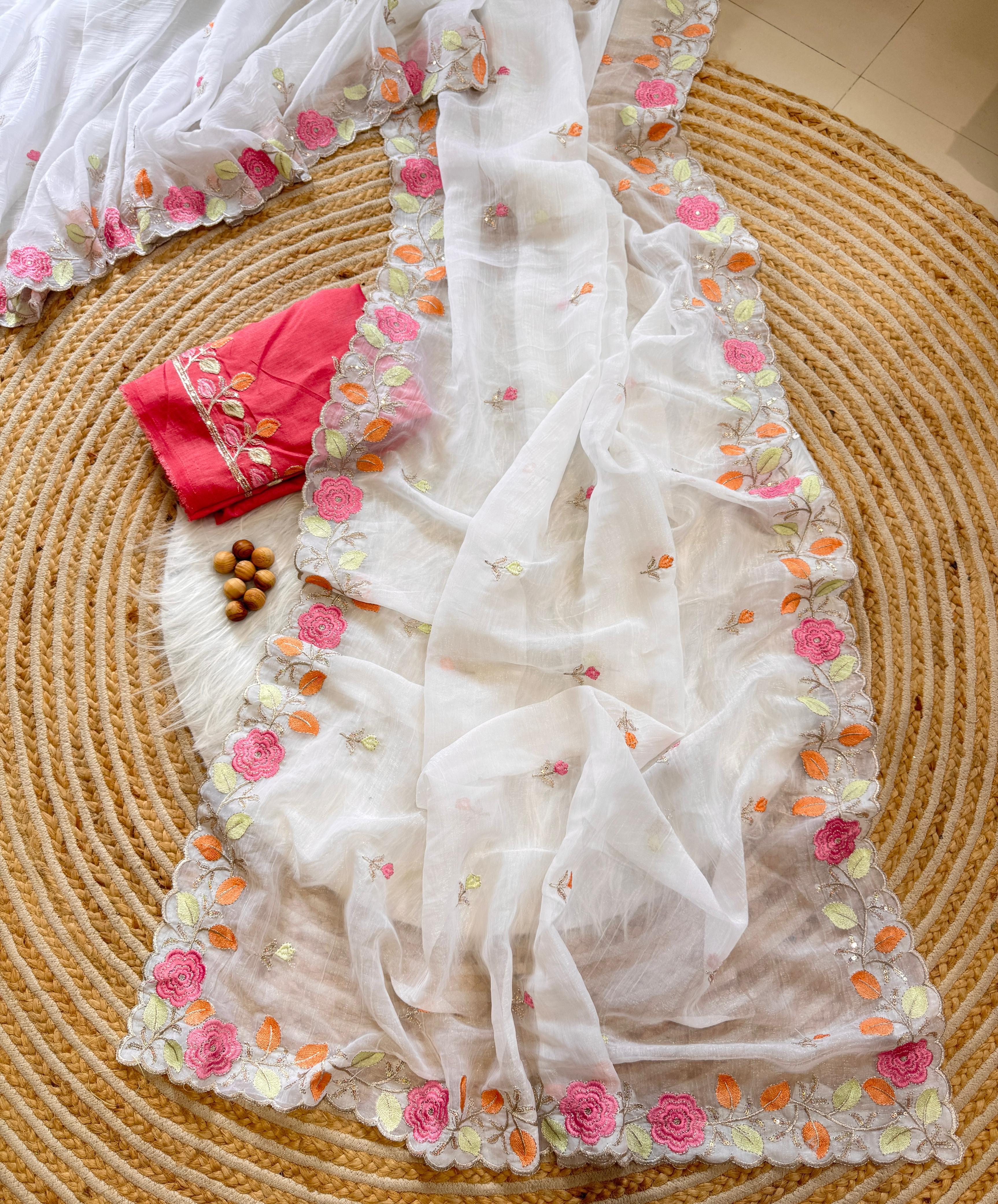 PRD00131 Experience elegance with our pastel floral embroidered Crunchy chiffon sarees