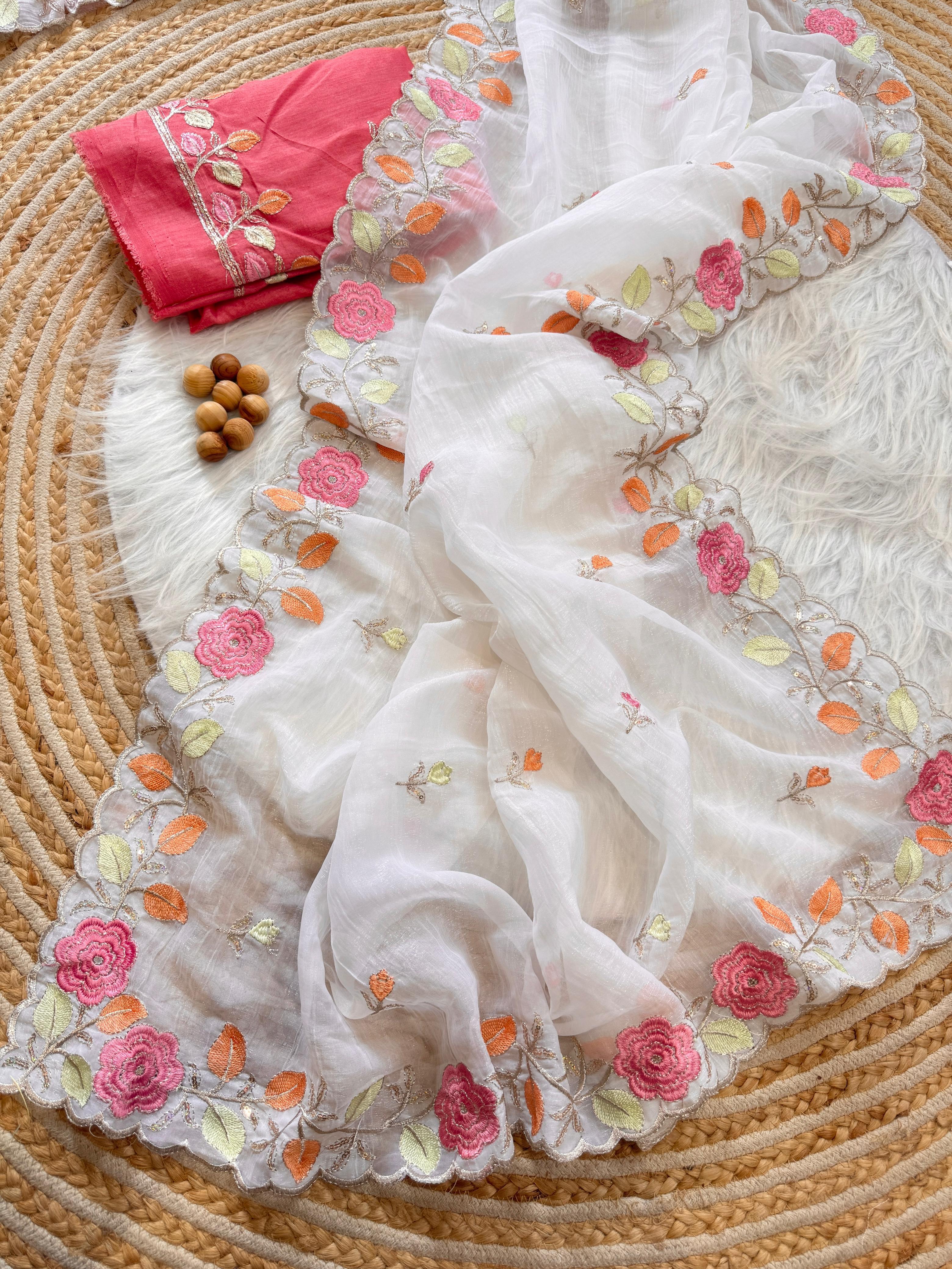 PRD00131 Experience elegance with our pastel floral embroidered Crunchy chiffon sarees