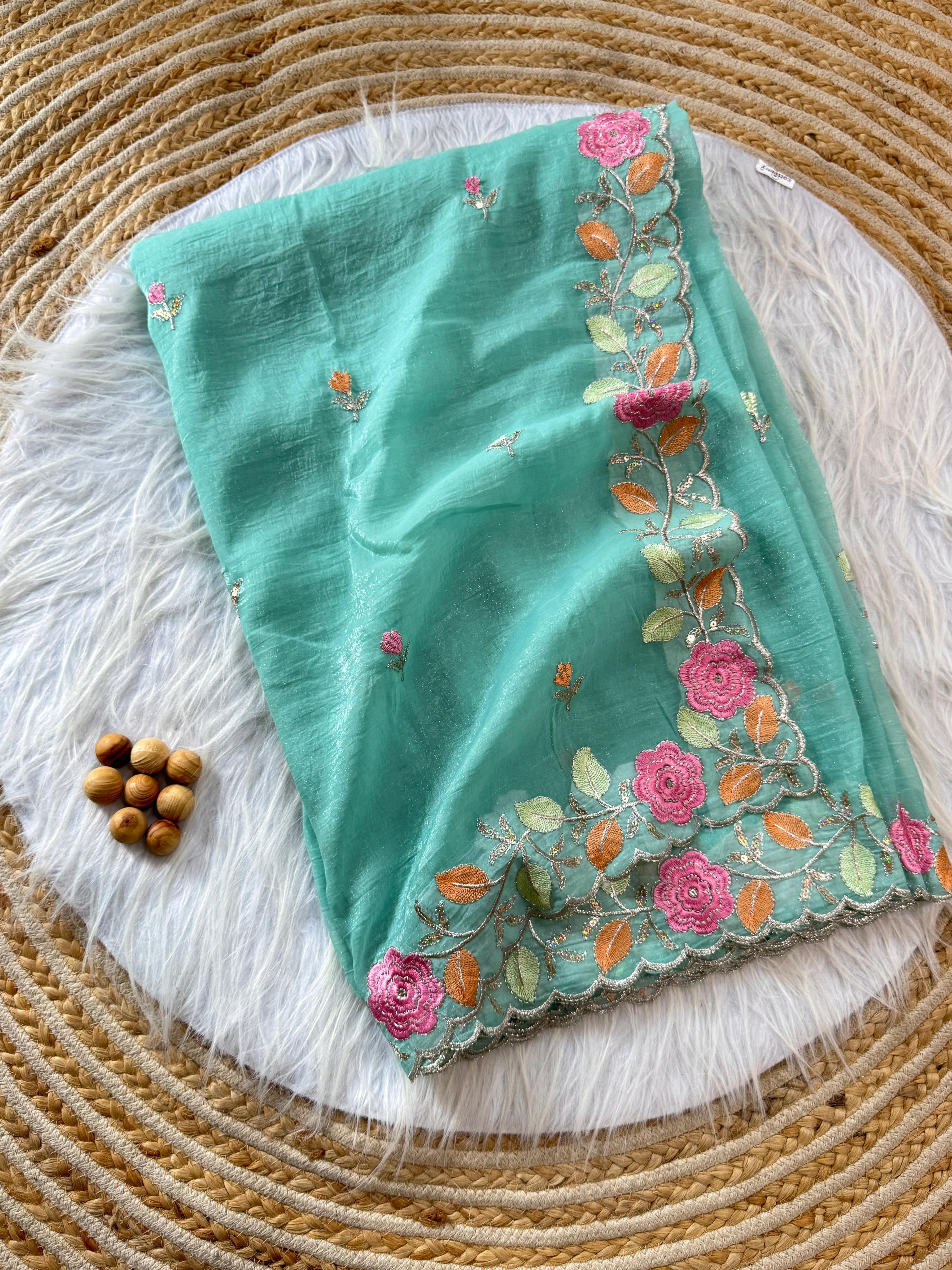 PRD00131 Experience elegance with our pastel floral embroidered Crunchy chiffon sarees