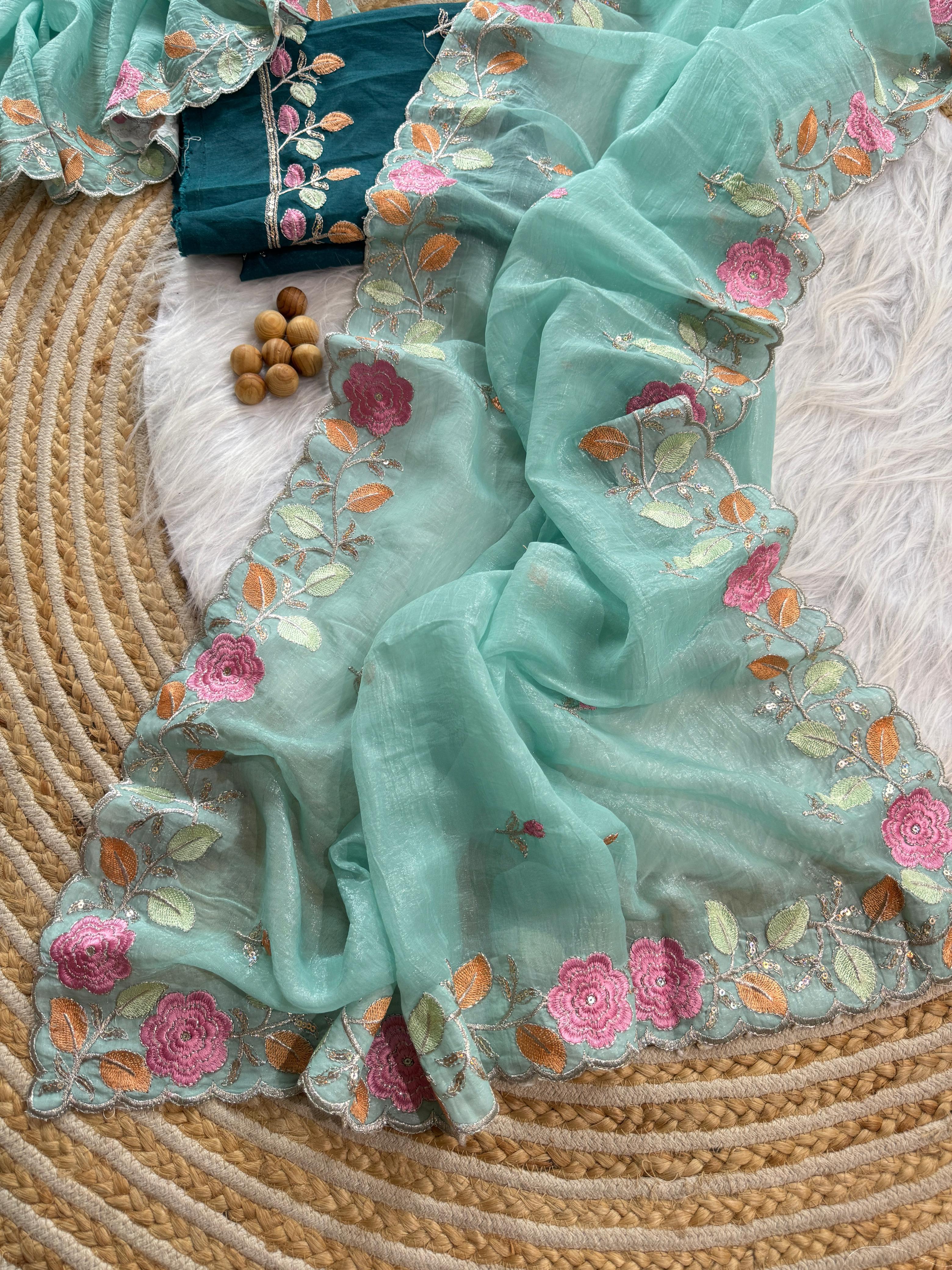 PRD00131 Experience elegance with our pastel floral embroidered Crunchy chiffon sarees