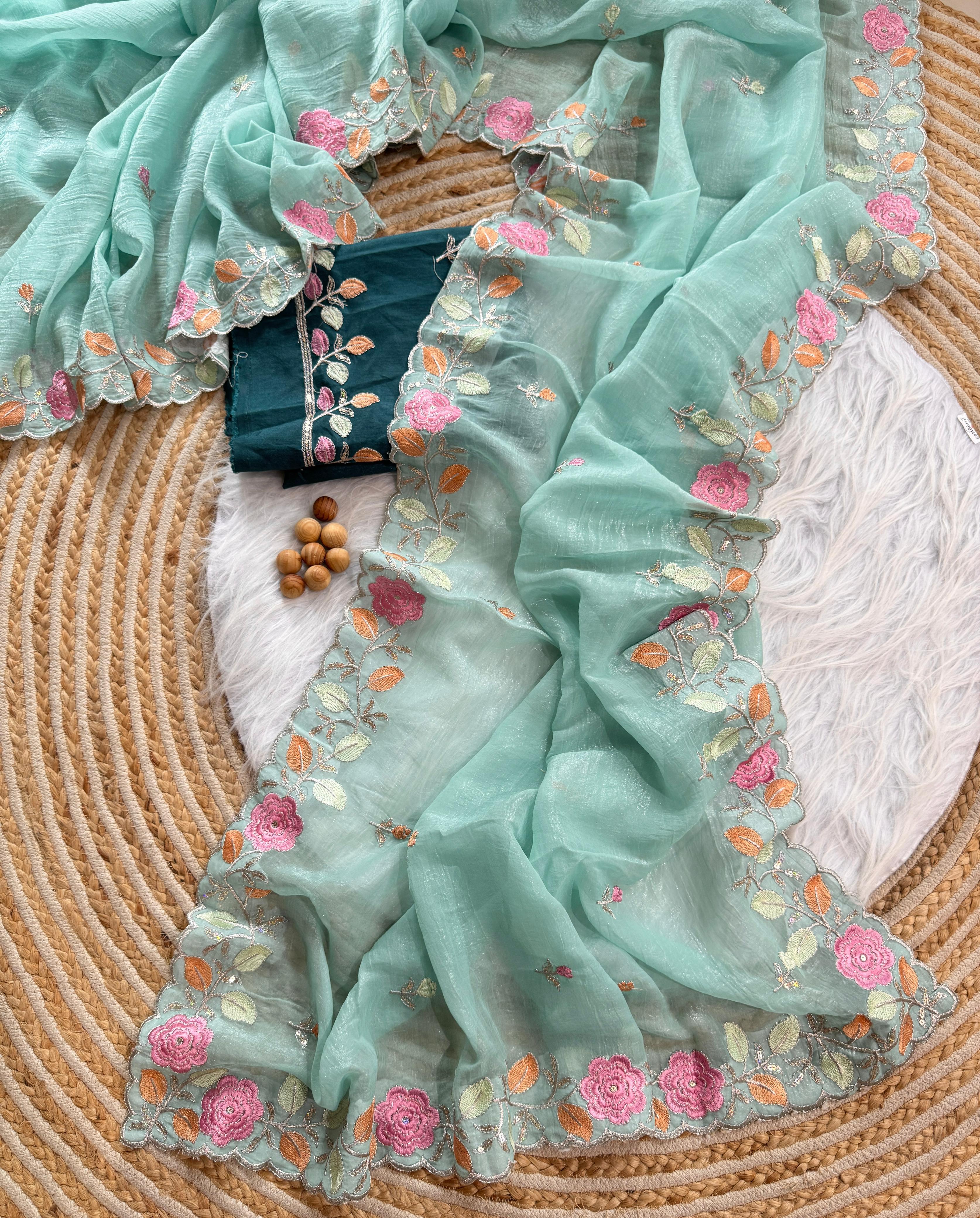 PRD00131 Experience elegance with our pastel floral embroidered Crunchy chiffon sarees