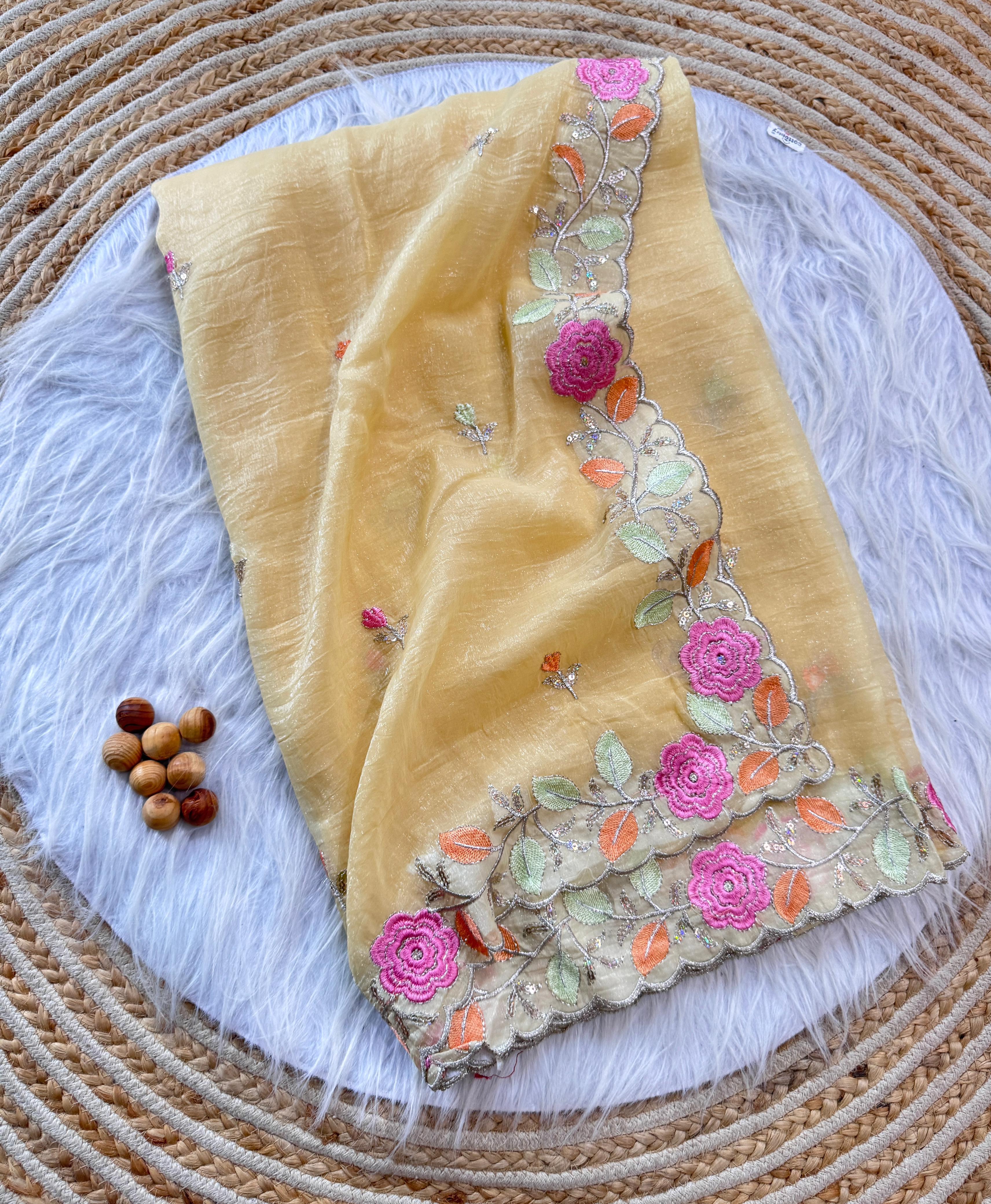 PRD00131 Experience elegance with our pastel floral embroidered Crunchy chiffon sarees