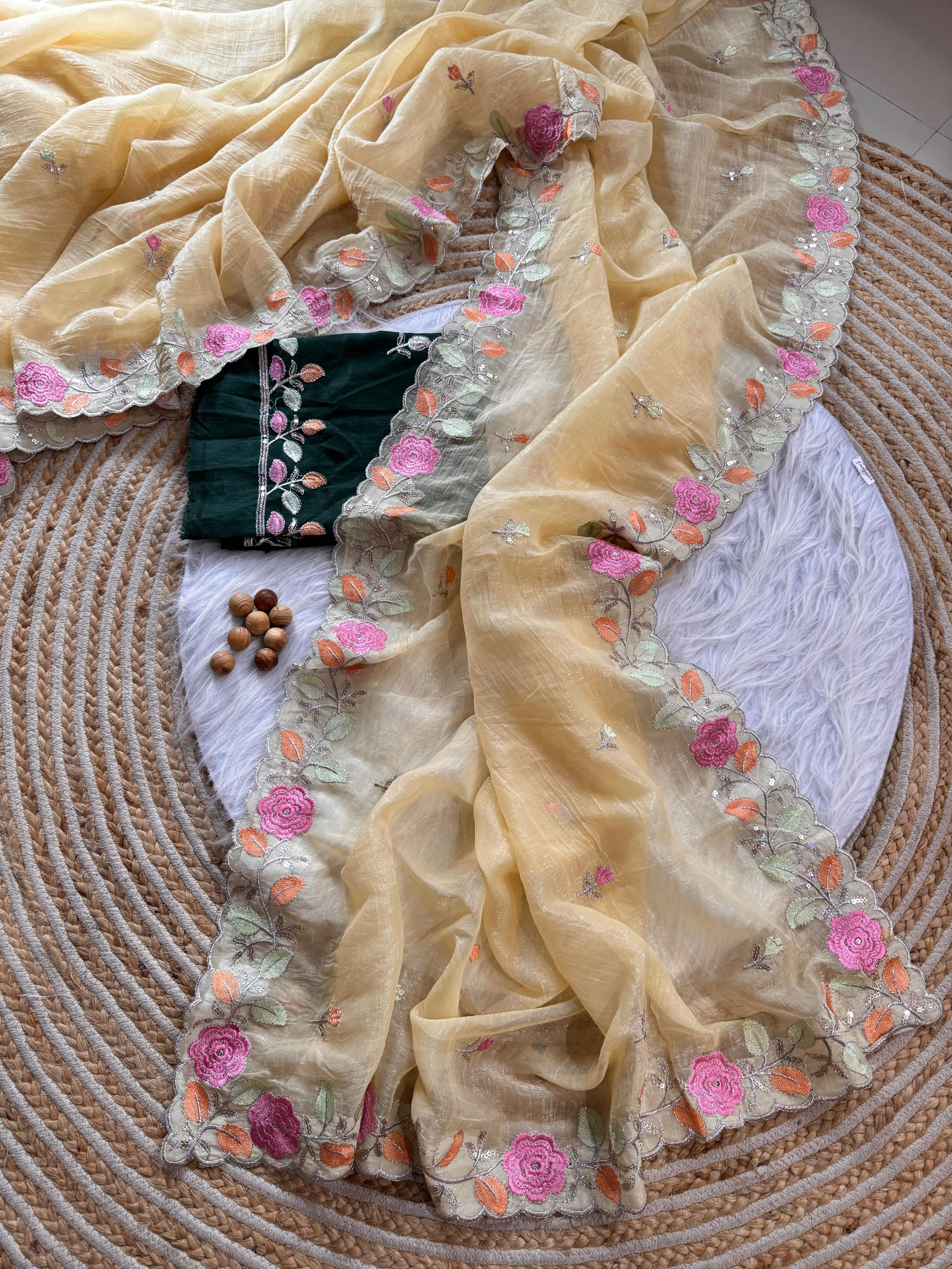 PRD00131 Experience elegance with our pastel floral embroidered Crunchy chiffon sarees