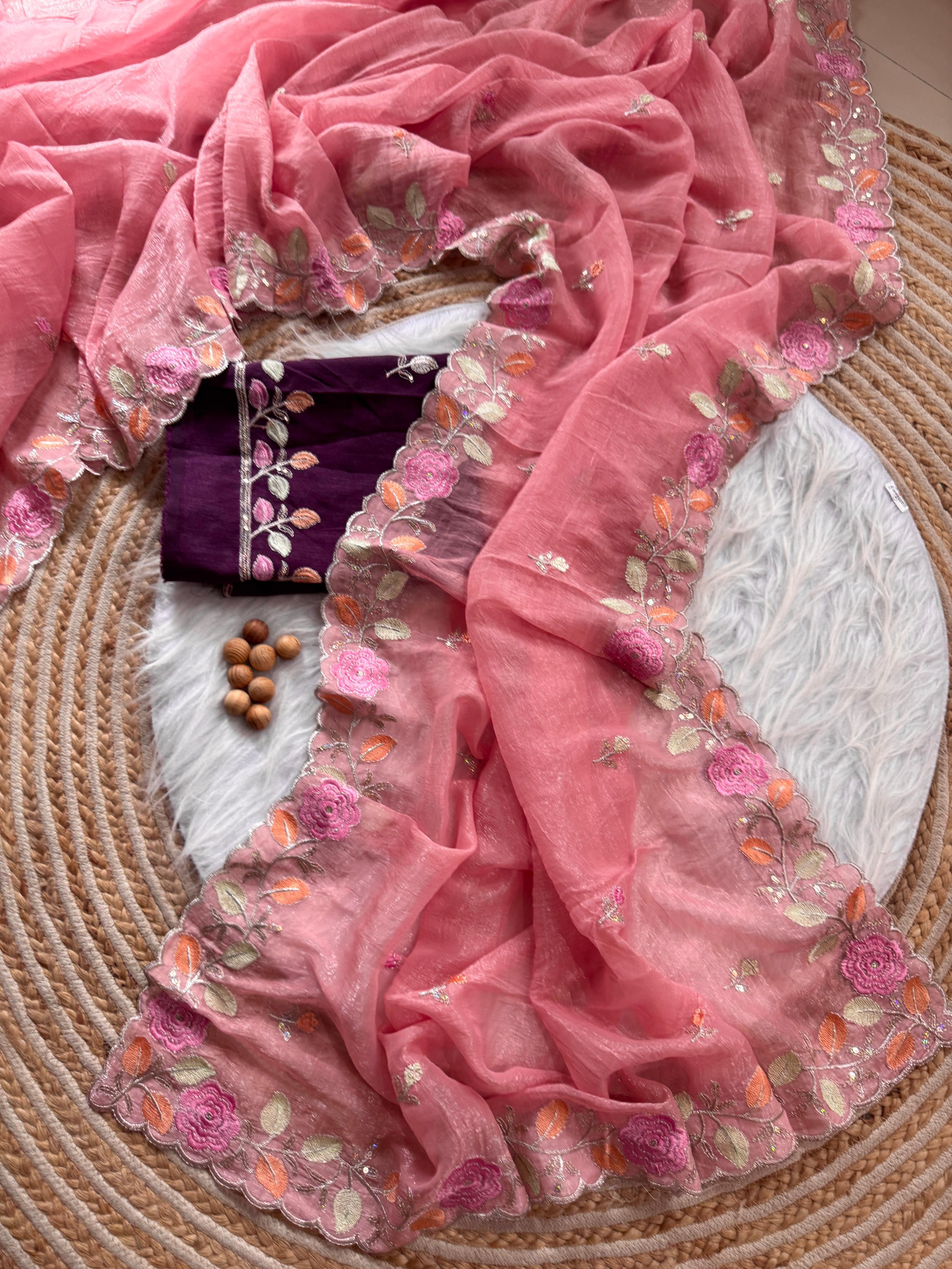 PRD00131 Experience elegance with our pastel floral embroidered Crunchy chiffon sarees