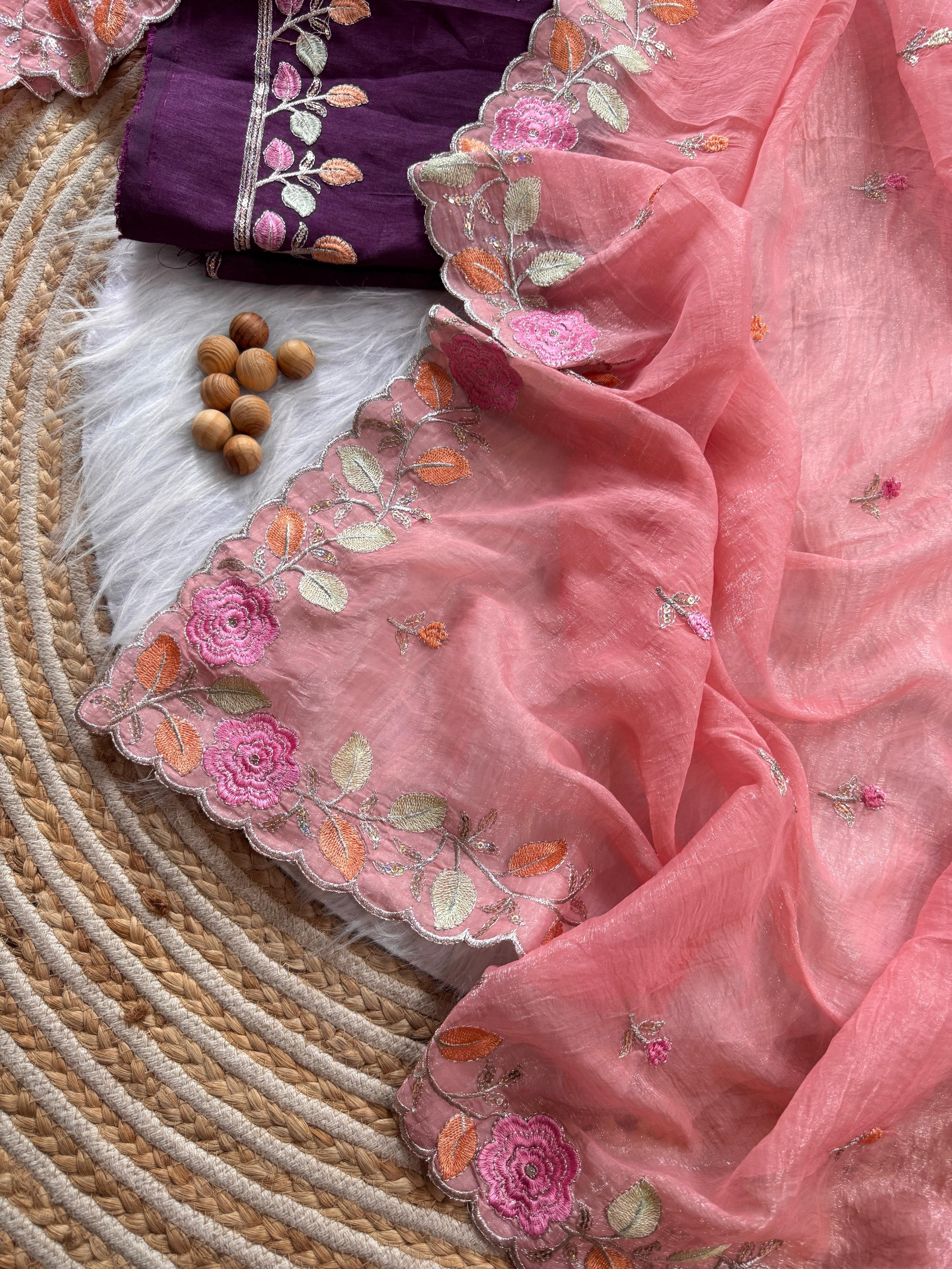 PRD00131 Experience elegance with our pastel floral embroidered Crunchy chiffon sarees