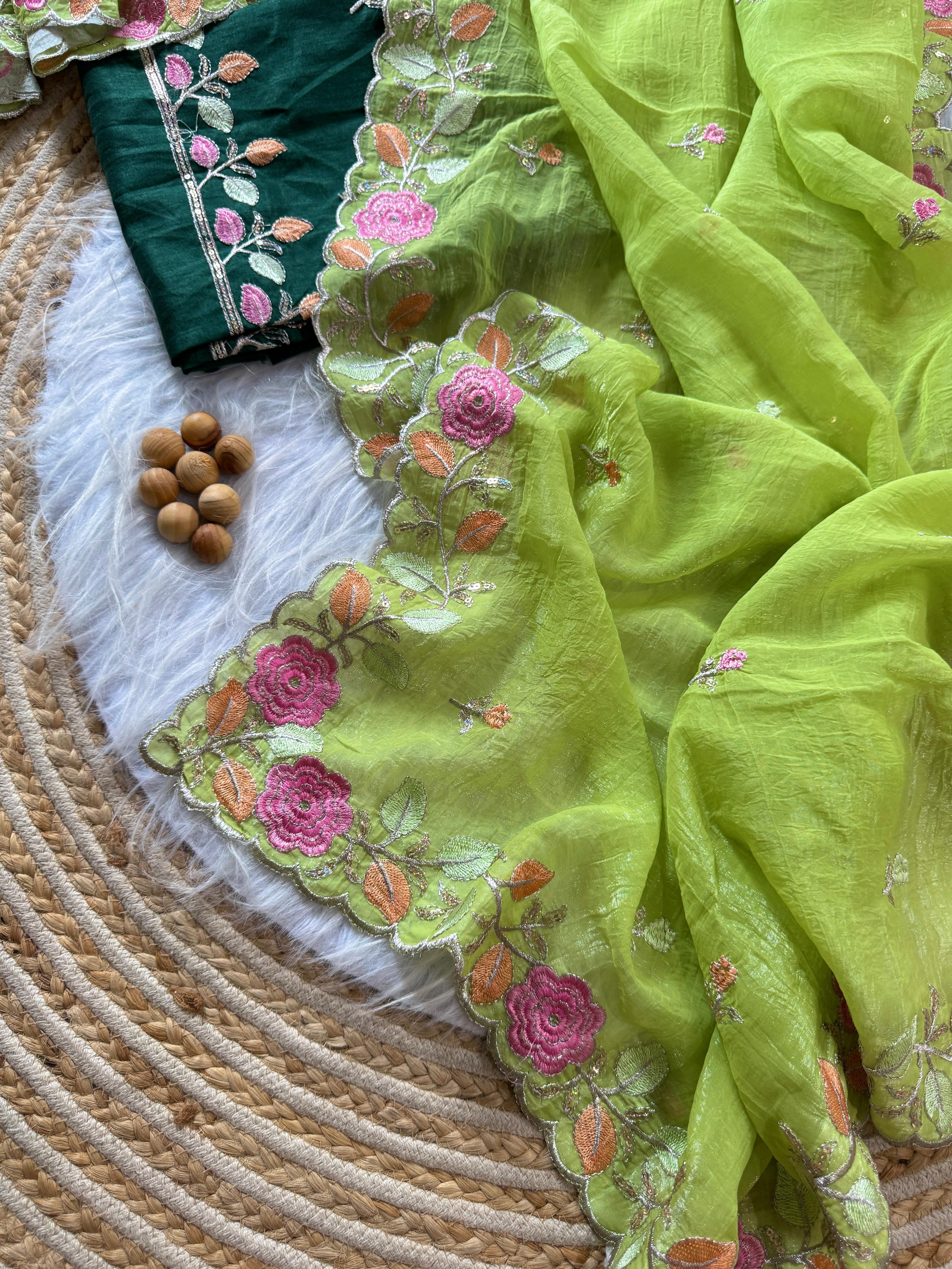 PRD00131 Experience elegance with our pastel floral embroidered Crunchy chiffon sarees