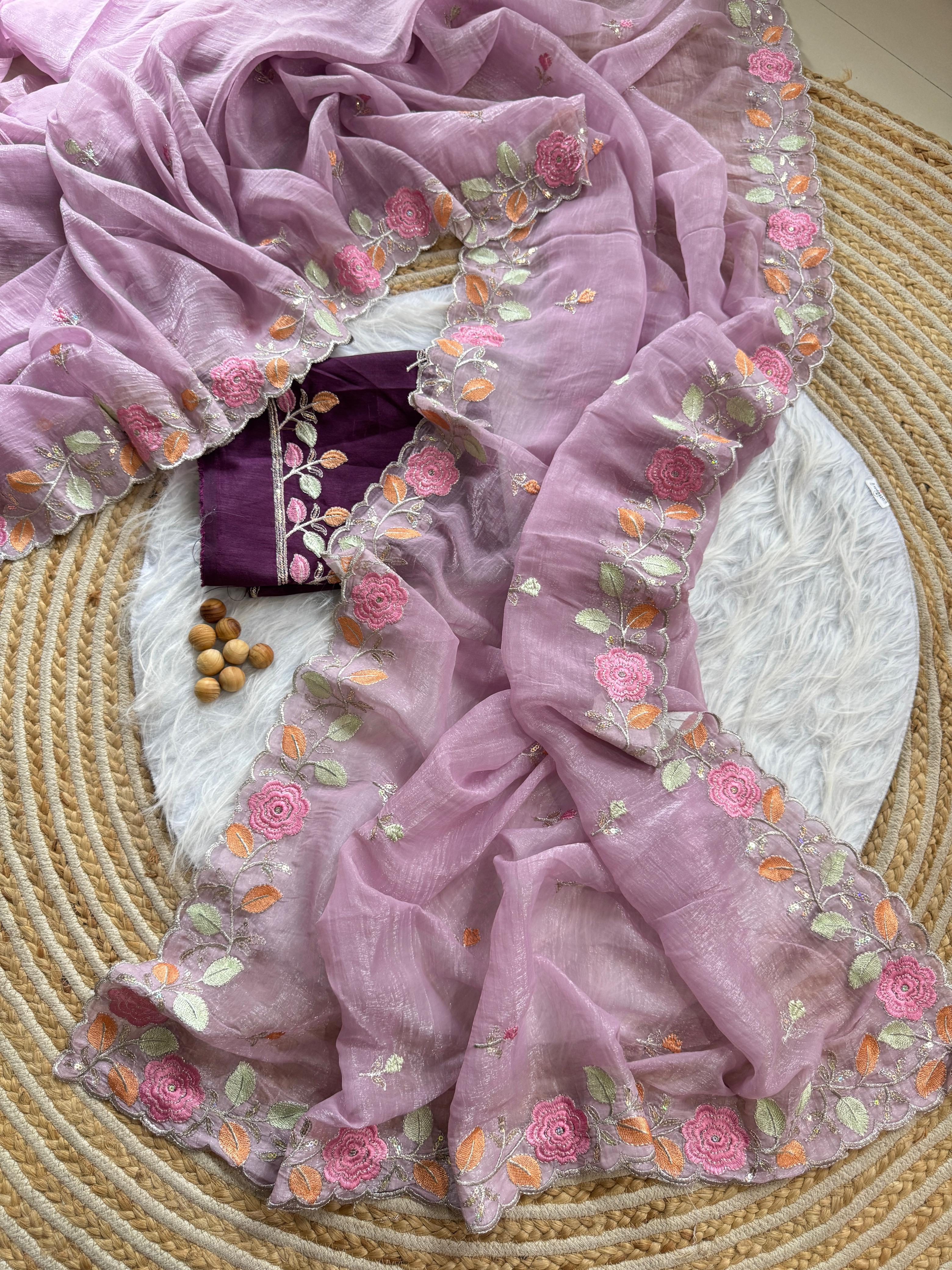 PRD00131 Experience elegance with our pastel floral embroidered Crunchy chiffon sarees