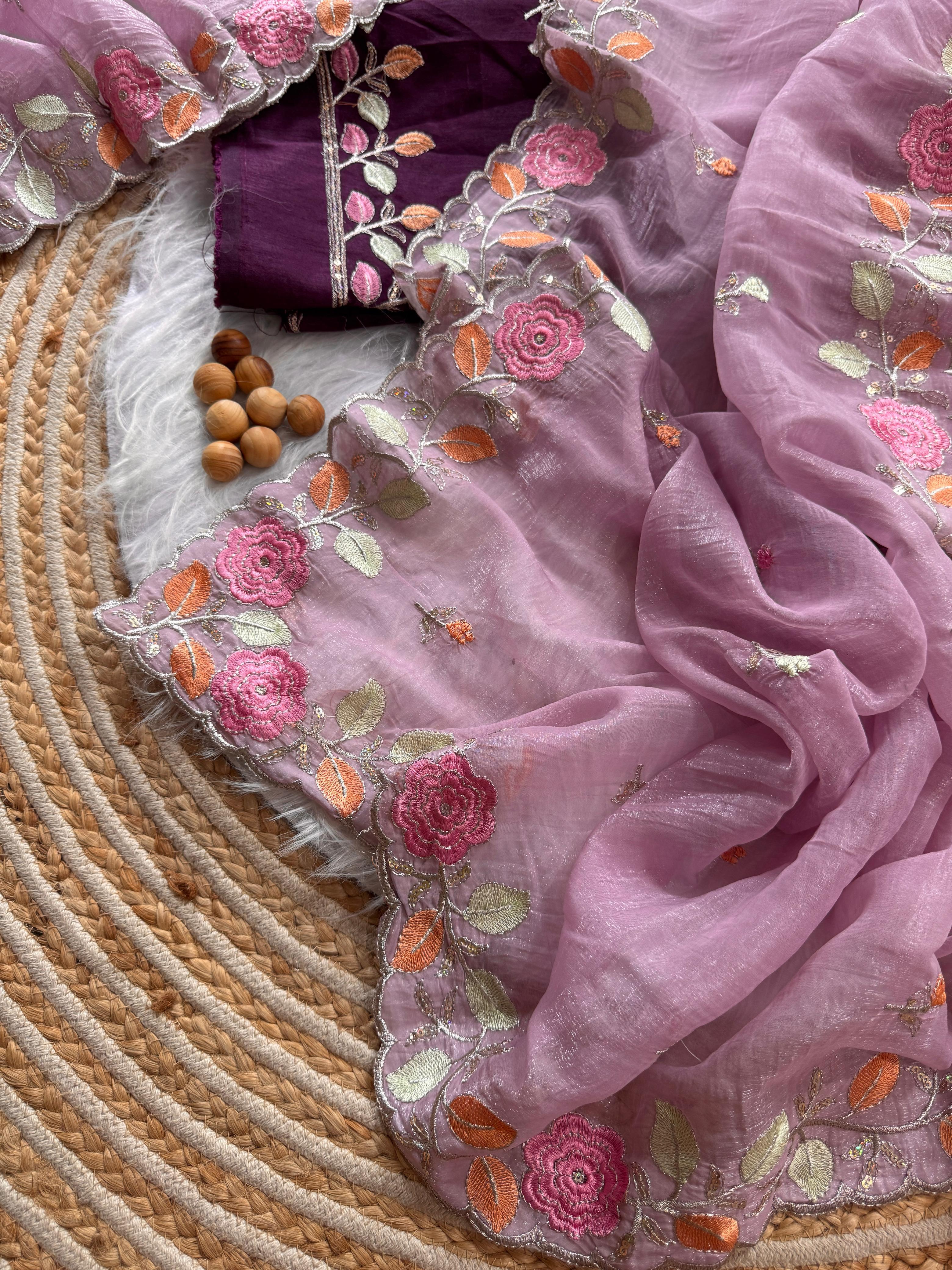 PRD00131 Experience elegance with our pastel floral embroidered Crunchy chiffon sarees