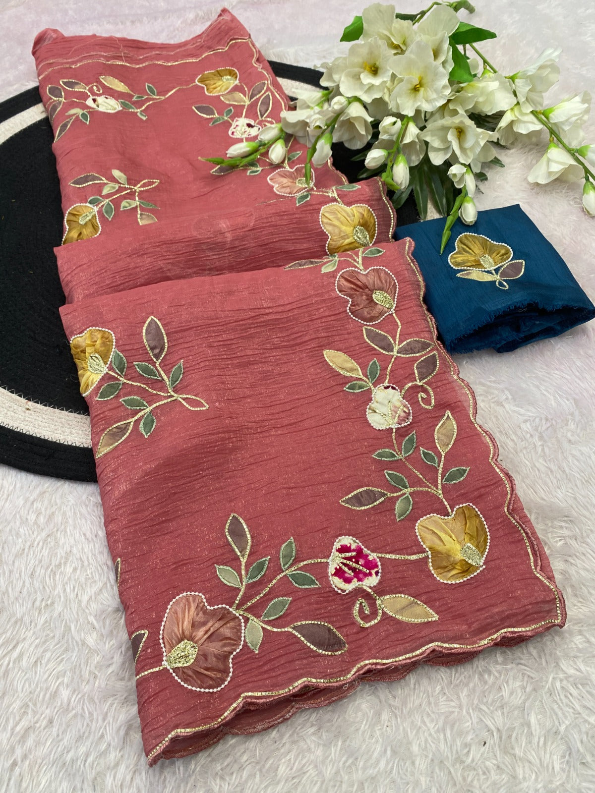 PRD00133 Elegant designer saree features exquisite multi-color patchwork and intricate handwork