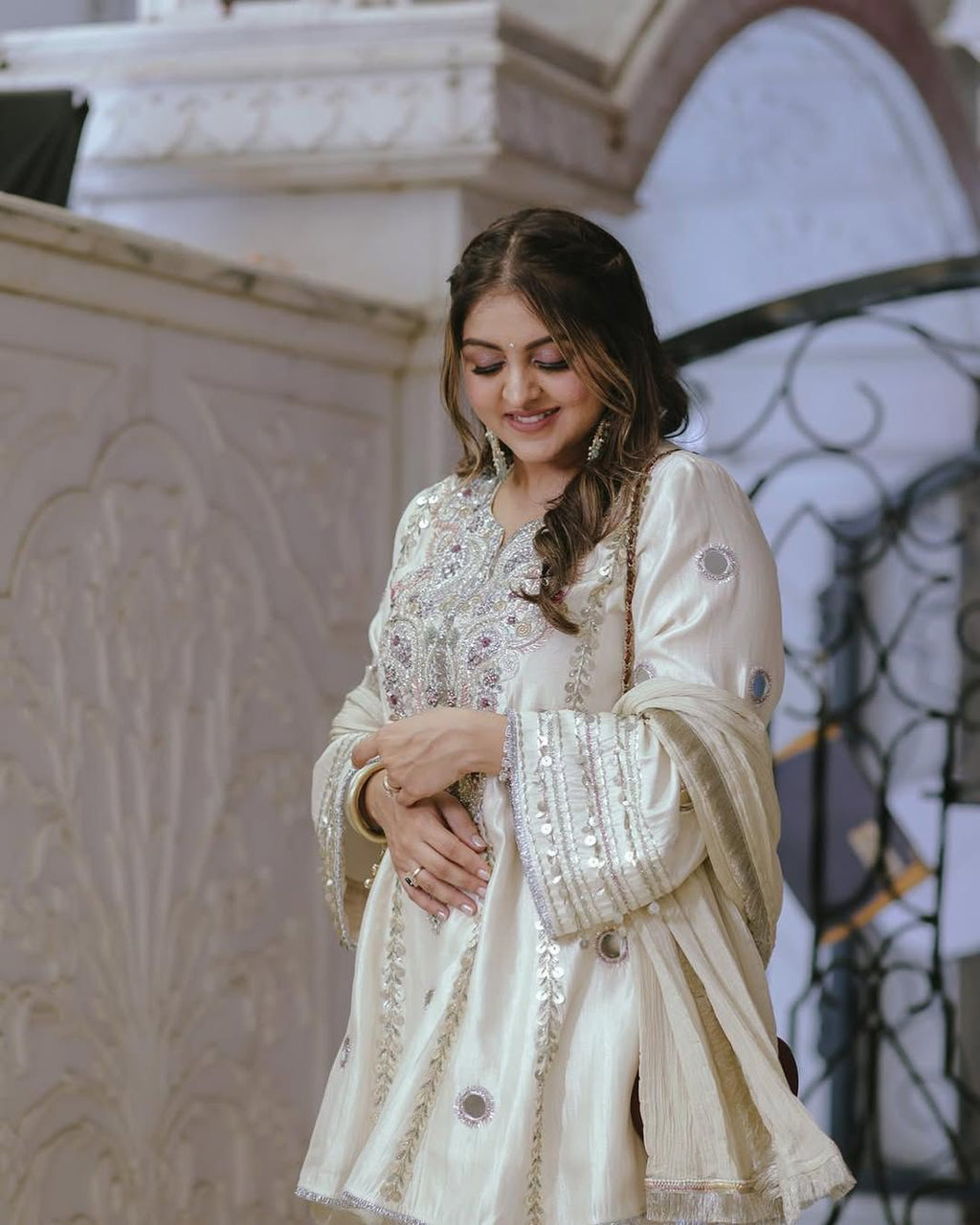 PRD0078 DESIGNER HEAVY NATURAL CREAP EMBROIDERED SEQUENCE WORK WITH FANCY TOP SHARARA DUPATTA SET