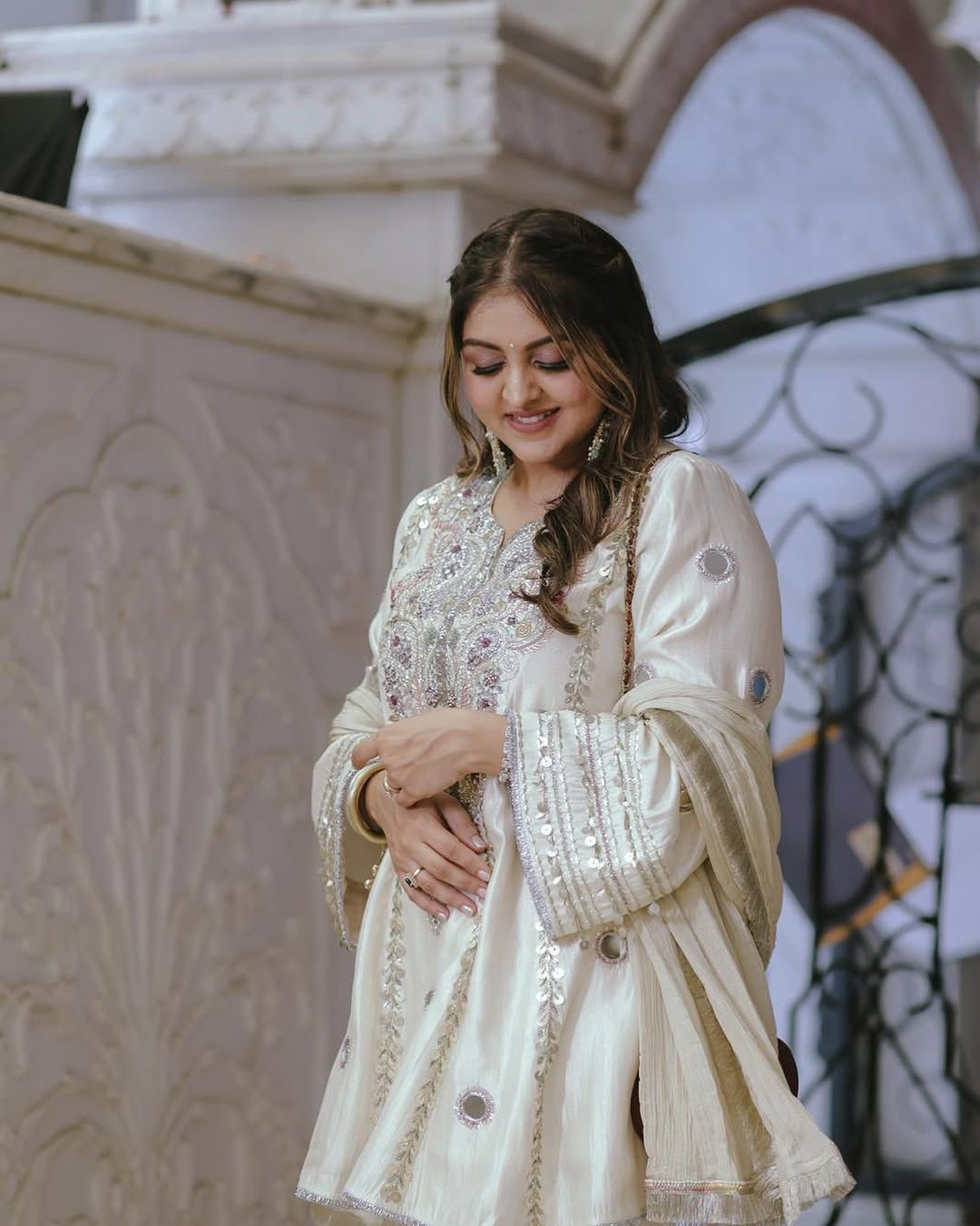 PRD0078 DESIGNER HEAVY NATURAL CREAP EMBROIDERED SEQUENCE WORK WITH FANCY TOP SHARARA DUPATTA SET