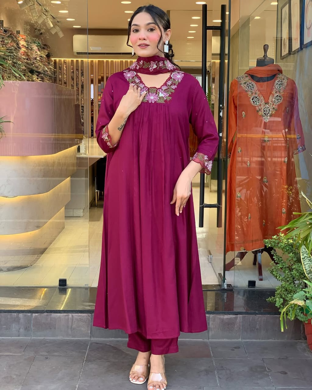 JKM0052 Pure Cotton60-60 super dyeing quality kurta with beautiful emb neck yoke & selves. cotton pant with emb full malmal cotton dupatta.