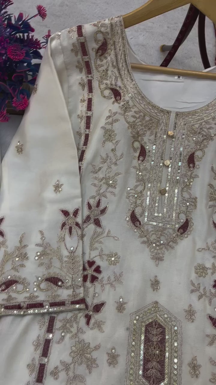 PRD0047 SPECIAL SEQUINS EMBROIDERY ON SILK FABRIC TOP AND PALAZZO WITH DUPATTA