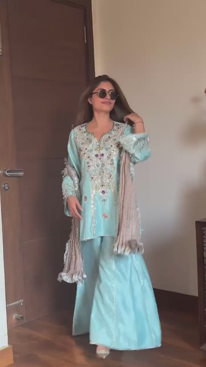 PRD0078 DESIGNER HEAVY NATURAL CREAP EMBROIDERED SEQUENCE WORK WITH FANCY TOP SHARARA DUPATTA SET